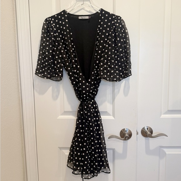 ALICE + OLIVIA Sandra Embroidered Floral Wrap Dress in Black White - Picture 5 of 11